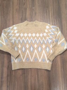 a new day Beige, White & Light Gray Geometric Crewneck Chunky Sweater